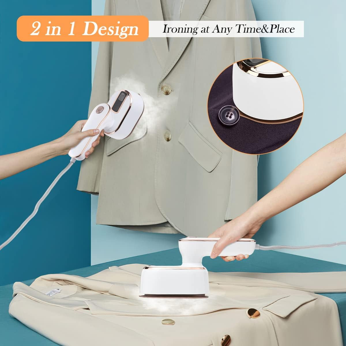 Mini Steam Iron for Clothes, Travel Steamer Clothes,180 Rotating Portable Iron,Micro Steam Iron Mini Handheld Support Dry and Wet Ironing Home College, White