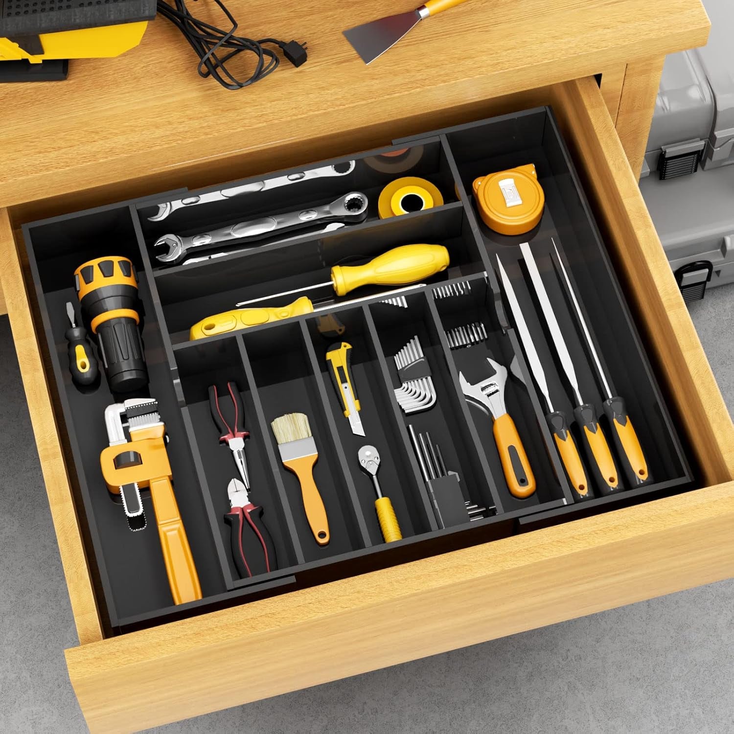 Expandable Kitchen Drawer Organizer for Flatware and Utensils,Black Acrylic Adjustable Silverware Tray for Drawer,Office,Bathroom Supplies-9 Compartments