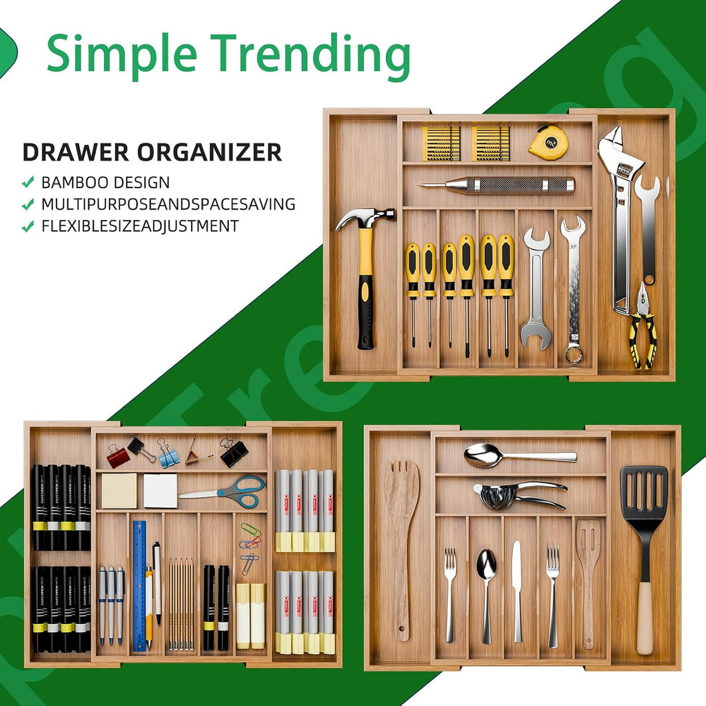 Bamboo Kitchen Drawer Organizer, Expandable Silverware Organizer, Utensil Cutlery Tray for Flatware, Natural
